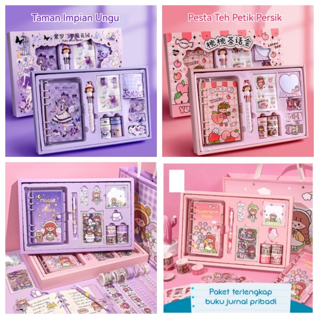 

Paket Jurnal Set/Gift Box Hampers anak/Hadiah / Notebook Journal Diary / 6 in 1 Boba Alat Buku Tulis Lengkap Scrapbook Cute Girl Sanrio Cinnamoroll My Melody Kuromi Panda Peach Kelinci Duffy Cat Sweetheart Cake Shop Import Grosir Ready COD