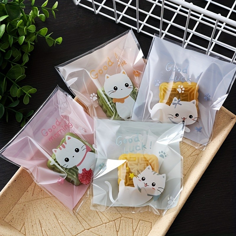 

100pcs/200pcs/300pcs -Mini Cartoon Cat Packaging Bag, Baking Snack Self-adhesive Bag, Cartoon Cat Biscuit Cookie Packaging Bag