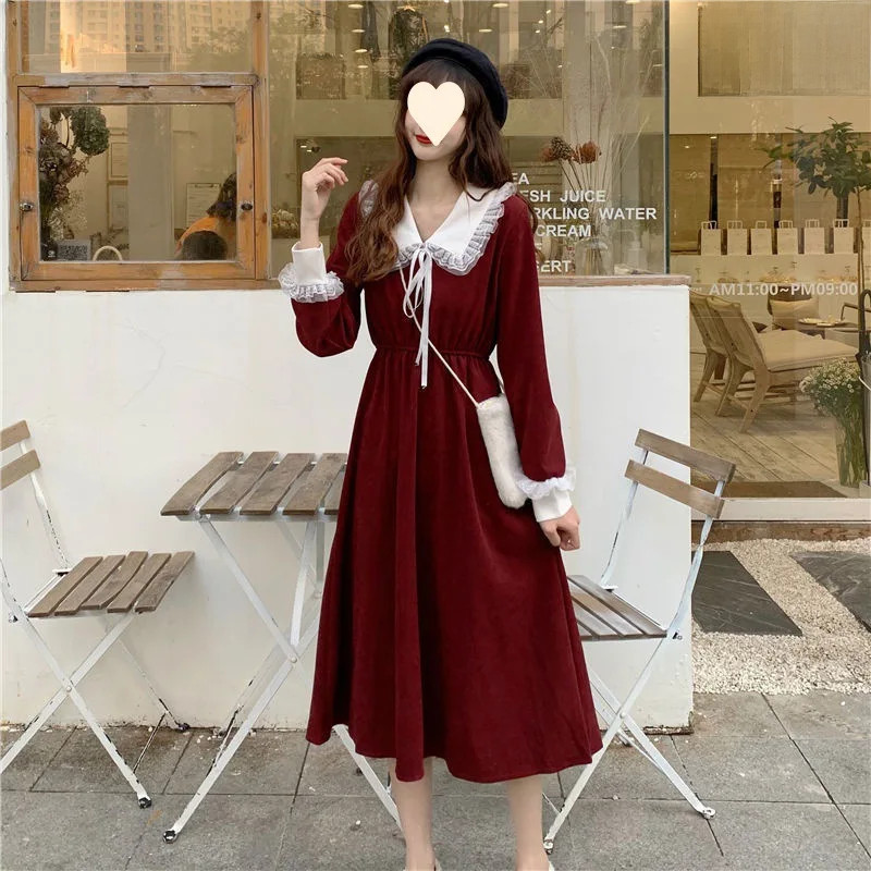 Winter Slimming Women's Dress Long Sleeve Waist-fitted Red Color Vintage Audrey Hepburn Style Autumn