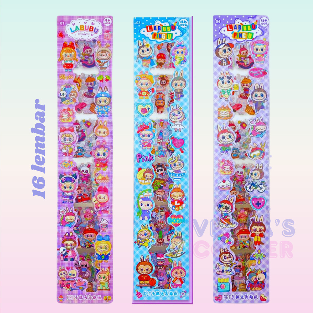 

Sticker Labubu Lucu Murah Besar Panjang 6x36cm 2D Stiker Premium Waterproof Deco Pack Isi 16 Lembar