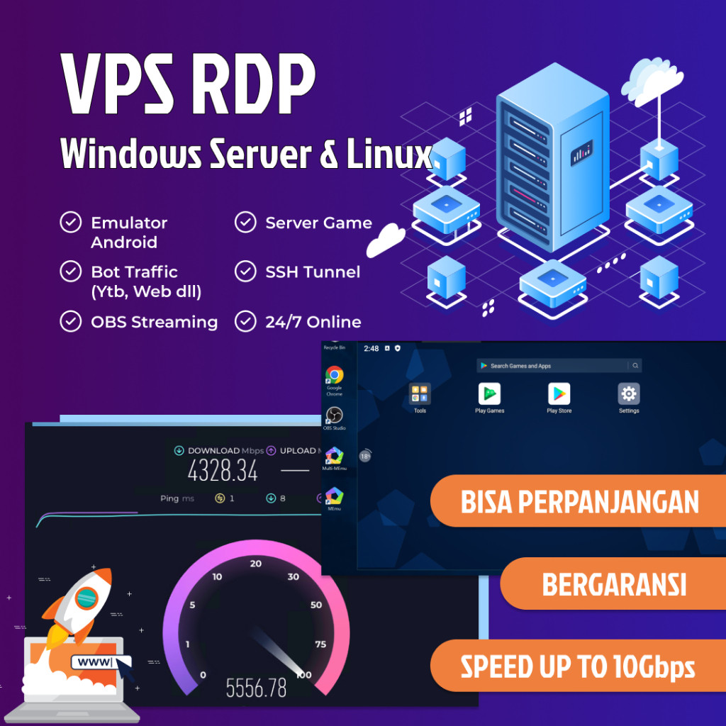 RDP / VPS Windows Linux Bisa Perpanjang Unlimited Bandwith TAHAN BANTING Kejar Tayang/Bot/Live Strea