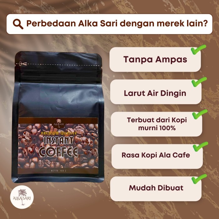 

Instant Coffee / Bubuk Kopi Instan Spray Dried Tanpa Ampas Alka Sari - 100 gram