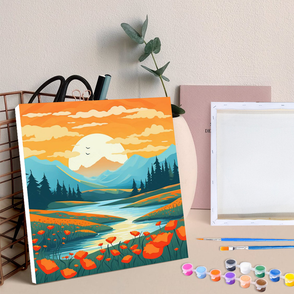 

RUOPOTY Diy Paint By Numbers For Starter Kit Cartoon River Sunrise Acrylic Paint By Numbers For Diy Gift With Frame