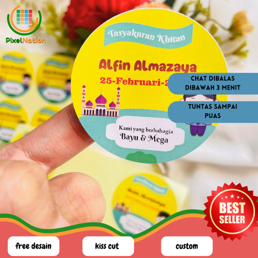 

PiNat 2-6 STIKER sunatan free desain bahan chromo sticker bulat tasykuran khitanan