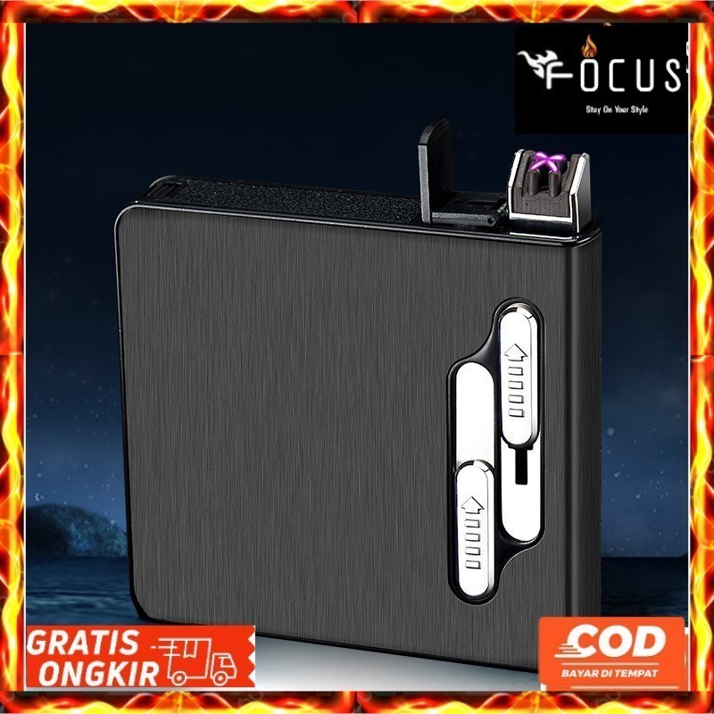 Firetric Kotak Tempat Rokok 20 Slot dengan Korek Elektrik USB Rechargeable/Wadah Rokok Plus Korek