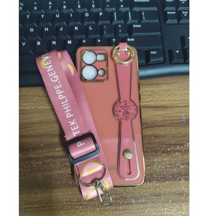 promo Case HP Oppo Reno 8 4G Reno 7 4G Tali Plating Bening Lanyard Strap Gantungan Mewah Softcase - 