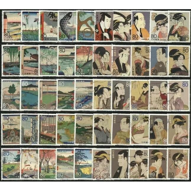 

50 PCS Japanese Ukiyoe Stamps,High Quaility,Real Original,Stamp Collection,Used with Post Mark