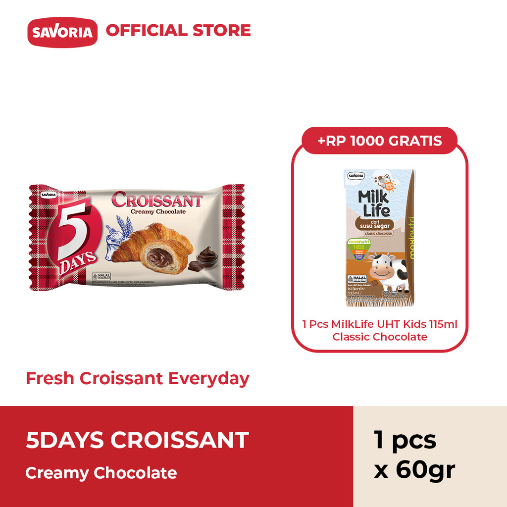 

5 Days Croissant Creamy Chocolate 60g + MilkLife UHT Kids Classic Chocolate Milk 115ml