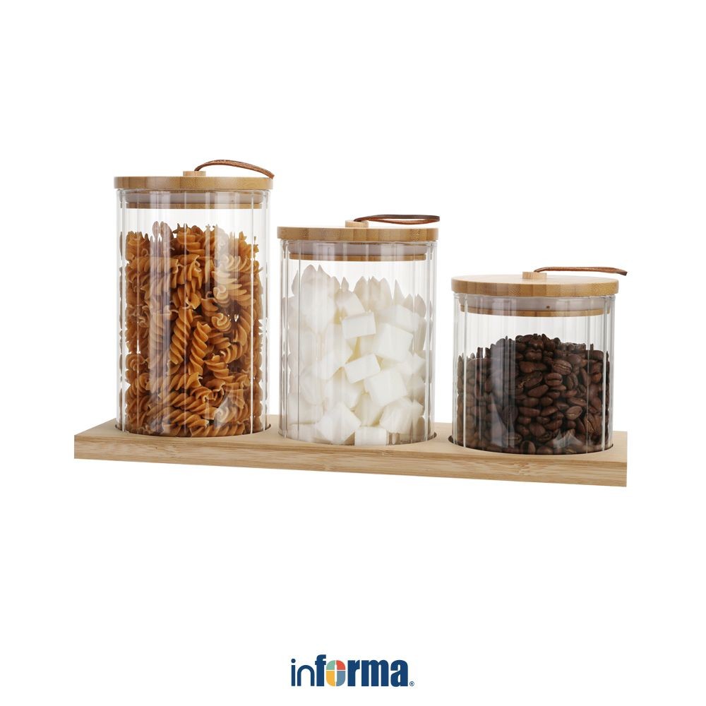 Informa Set 3 pcs Whitney Stoples Kaca Dengan Nampan Jar Tempat Simpan Snack Dan Permen Setoples Top