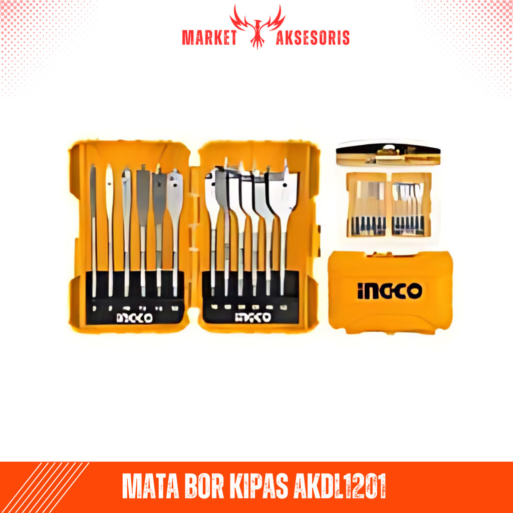 MARKET AKESORIS Mata Bor Kipas Trisula INGCO AKDL1201 Set 12 Pcs 6-32mm Flat Wood Drill Bits Pisau B