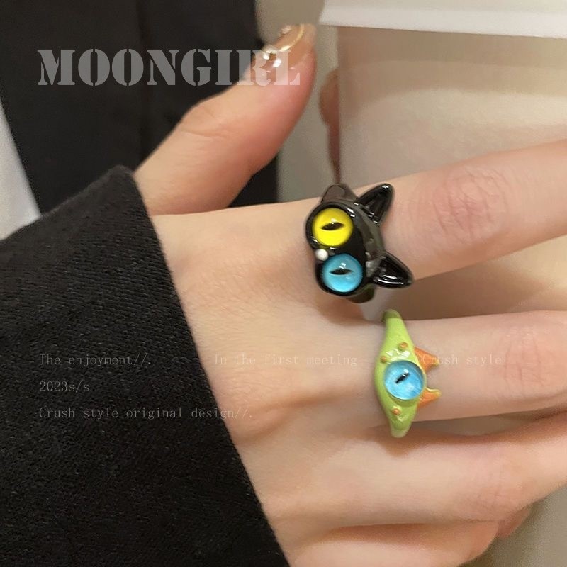 【Moongirl】Cincin Monster Kucing Hitam Wanita i Mode Cincin Pribadi Cincin Ekor Pasangan D128