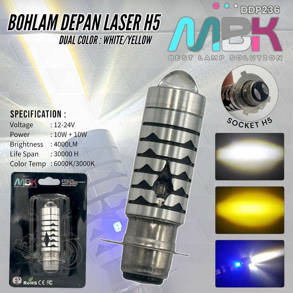 Lampu LED Lampu Alis Headlight Bohlam Depan Laser Plus Senja H5 Kaki 3 White Yellow Universal MBK Mo