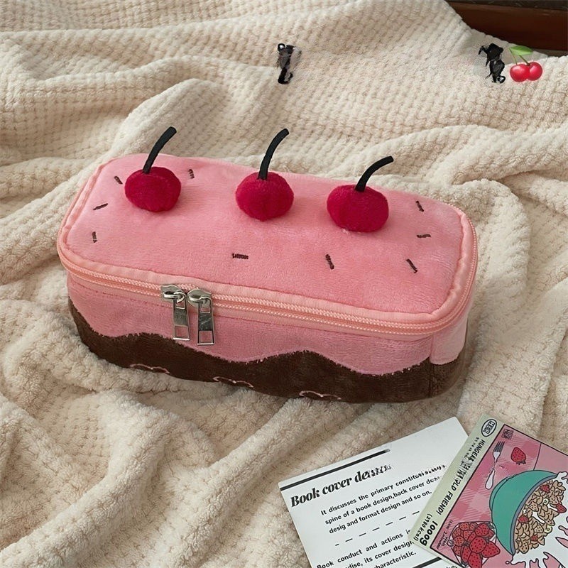 

3D Tempat Pensil Kue Ceri Lucu Tas High -Value Student Large -kapacity Pencil Box Bag Tas Teks