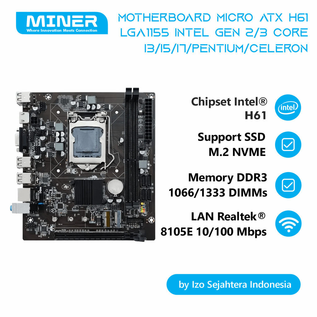 Motherboard H61 Micro-ATX Processor Intel Gen 2/3 LGA 1155 Core I3/I5/I7/Pentium