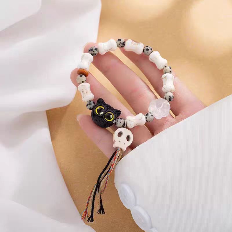 Gelang tengkorak kepala kucing lucu dari keramik gaya Cina, unisex, dengan rumbai warna-warni, cocok