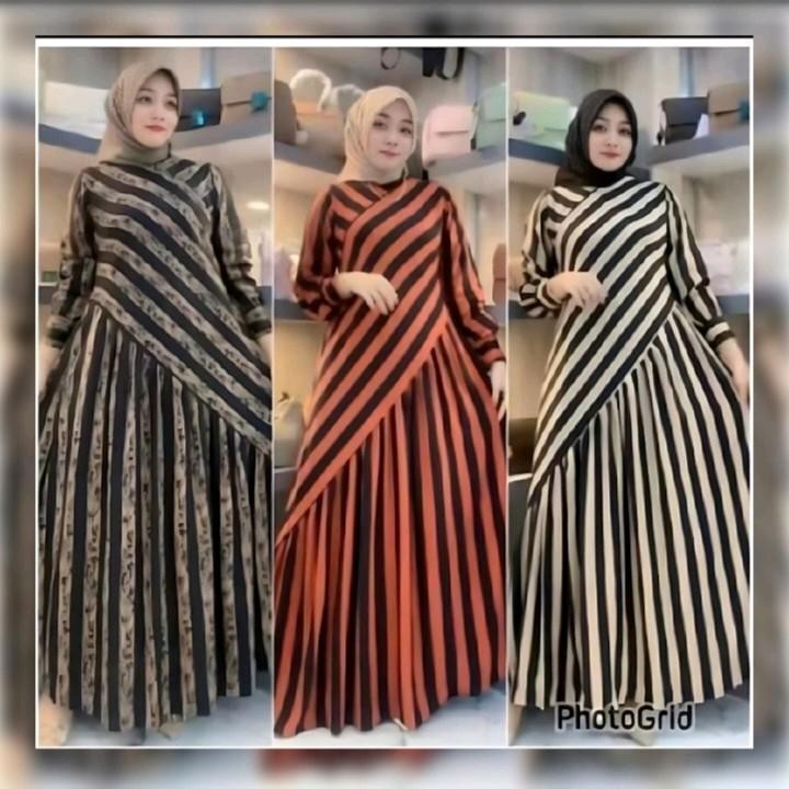 Gamis Ayomi Kekinian Model Stripe Serong//Gamis Drees Bunsui Terbaru Muslim Wanita Motif Rayon Bunga