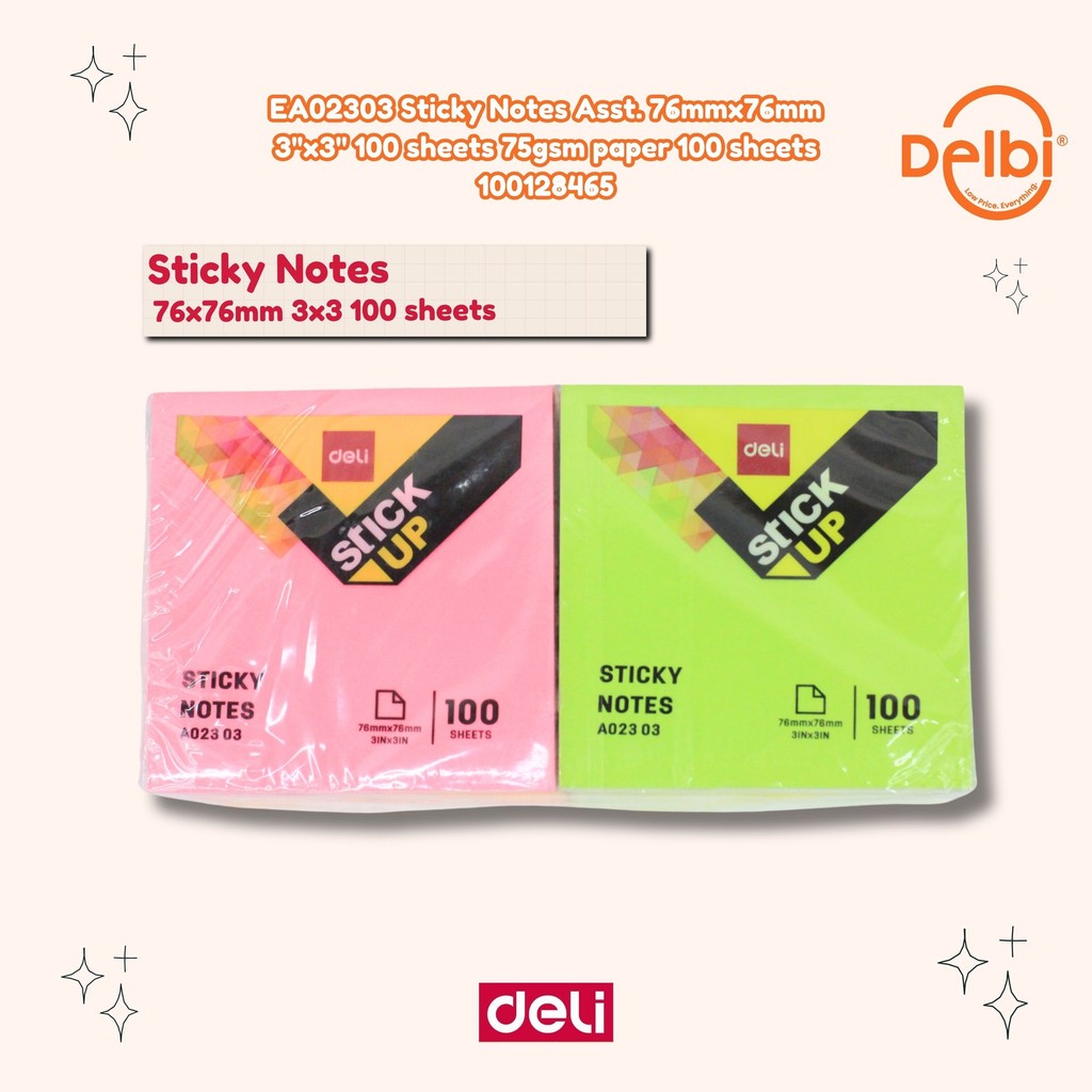 

Deli Memo tempel Sticky Notes 50sheets/pad warna neon kertas tulis halus perekat kuat EA02303 EA02303 Sticky Notes Asst. 76mmx76mm 3''x3'' 100 sheets 75gsm paper 100 sheets