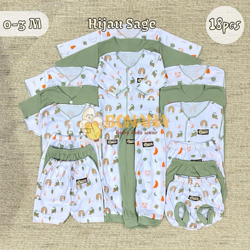 ( BONANA BABY ) 18 pcs / 9 Stel SNI Hijau Sage Setelan Baju Bayi Newborn Baju Bayi Baru Lahir Atasan