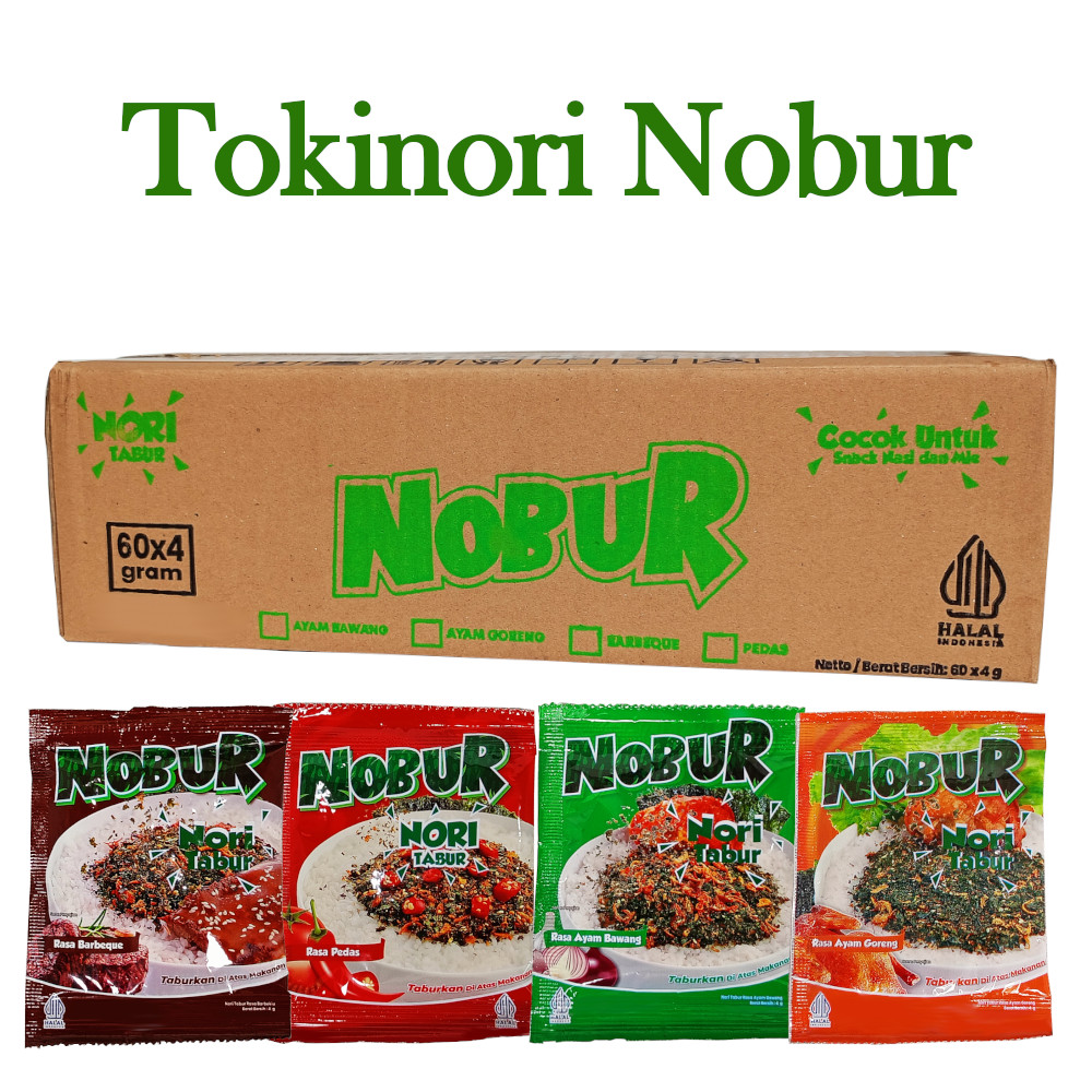 

TOKINORI NOBUR Nori Tabur Per Dus - Rasa Ayam Bawang / Goreng, Barbeque, Pedas – Rumput Laut Bubuk Sachet (isi 5 box / 60 pcs)