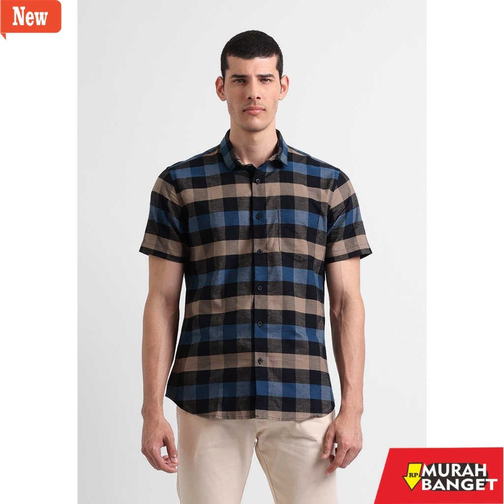 kemeja kotak kotak cowok Manzone Kemeja Lengan Pendek Pria Slim Fit Rodrick 6 - Black