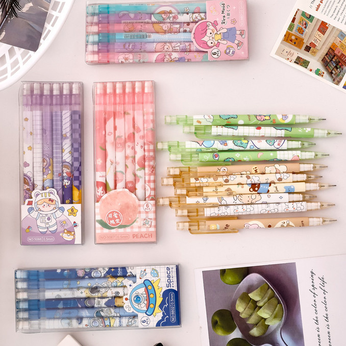 

⭐JOJU⭐ 1 SET 6PCS PENSIL MEKANIK 0.5 MM DAN PENGHAPUS GAMBAR KARTUN LUCU