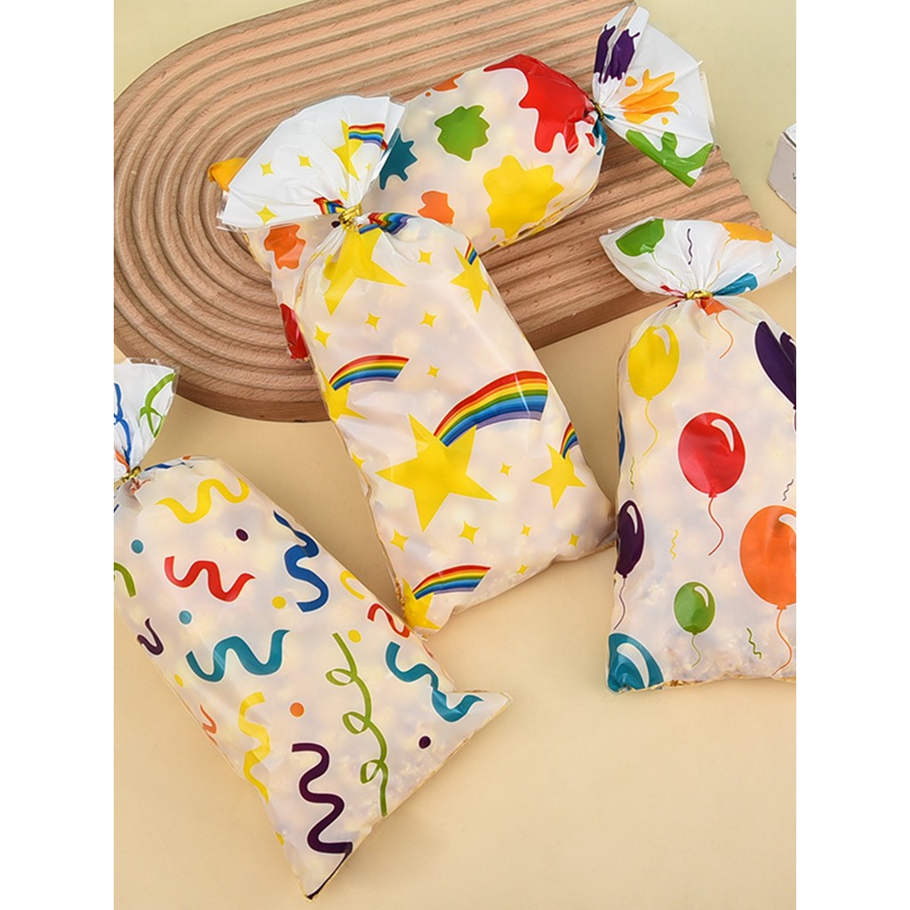 

50pc Colorful Ribbon Balloon Doodle Pattern Gift Pack Flat Pocket, Rainbow Printed Wedding Graduation Party Gift Small Candy Bag