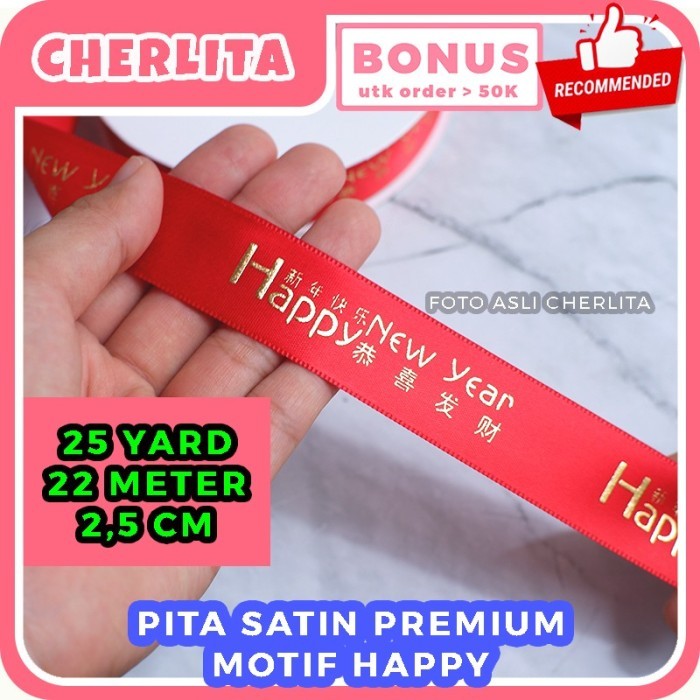 

Pita Imlek Chinese New Year Tahun Baru Cina Merah Satin Emboss Gold - Motif Happy CNY