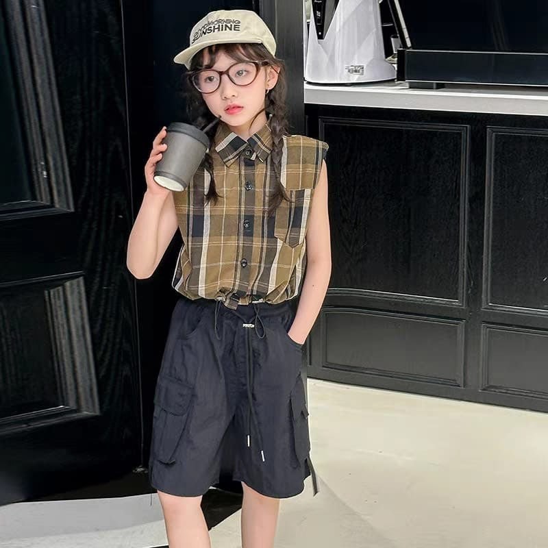Setelan anak perempuan 5-10 tahun / Baju anak perempuan / set girls tartan casual cargo / Setelan an
