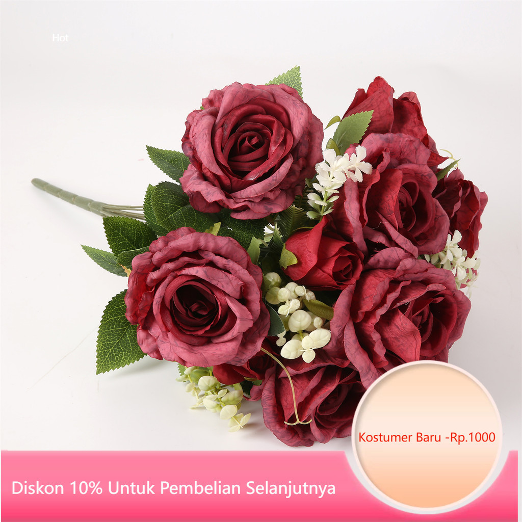 Bunga Buatan Buket Mawar Sutra Sentuhan Asli 12 Kepala Bunga Palsu Dekorasi Pesta Rumah Buket untuk 