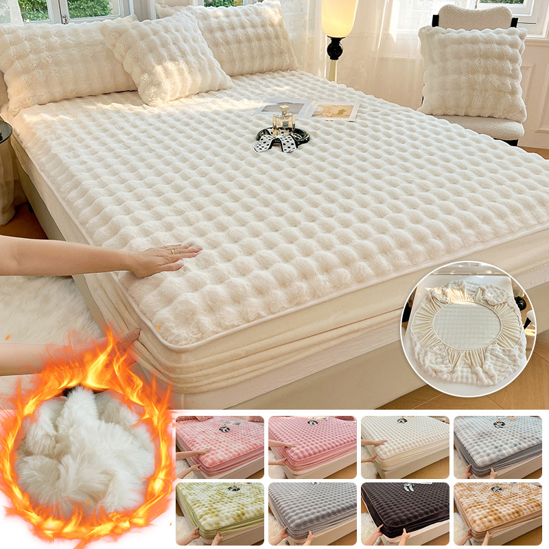 

Rabbit Plush Fitted Sheet Mattress Warm Winter Mattress Cover Velvet Luxury King Queen Bedsheet 90/120/150/180X200cm Bed Cover