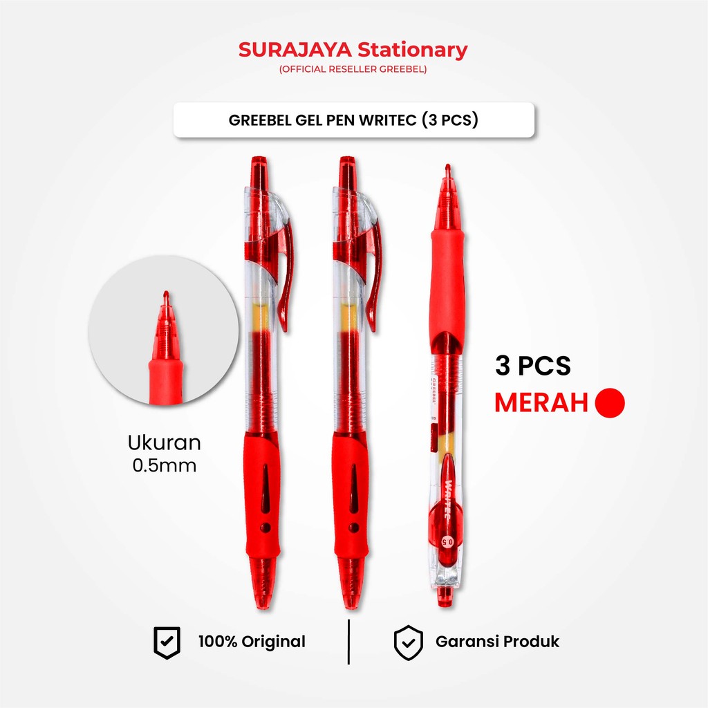 

Pulpen Gel Greebel / Writec GP-503 Merah 0.5 (3PCS/SET) / Ballpen Ballpoint Pena Gel