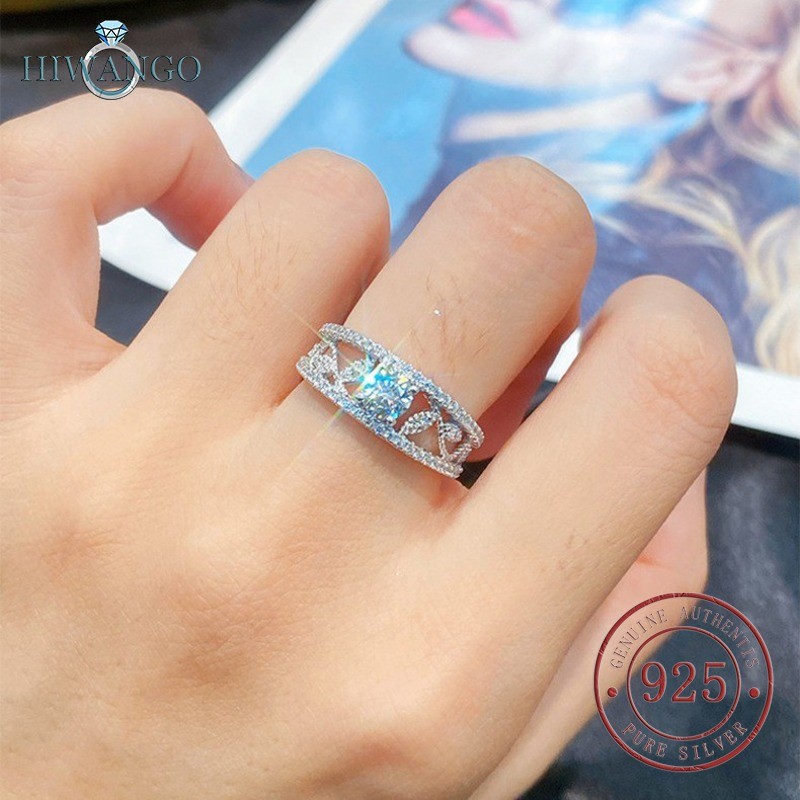 HIWANGO Cincin Terbuka Wanita Dengan Zircon 5A PT950 Bertatahkan Emas Putih