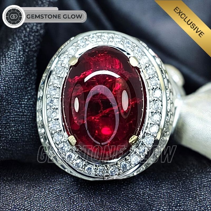 CINCIN PRIA PERMATA MERAH SIAM | PECAH SERIBU OVAL CABOCHON RING MICROSET FULL ZIRCON | SEMI PERAK E