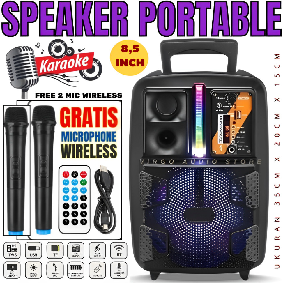SERBA COD Fleco F 8808 Led 8'5 Inch Free 2 Mic Wireless Karaoke | Speaker Bluetooth + Remote - Speak