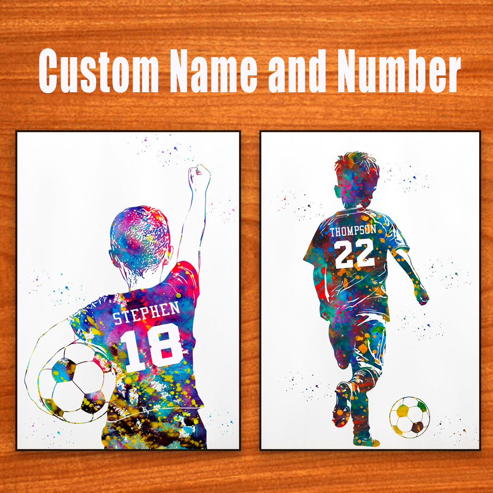 

Custom Sports Poster Soccer Player Boy with Ball Prints Personalized Art Name and Number Watercolor Prints Canvas Painting Decor