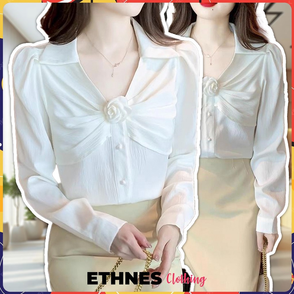 ETHNES Clothing | 1233 Blouse Wanita Kombinasi Bros Bunga Super Cantik IMPORT China 🇨🇳 bahan Katun P