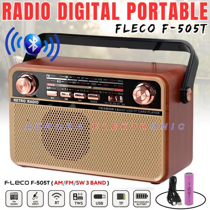 TERLARIS Radio Speaker Bluetooth Jadul Mp3 Fleco F-505t | Radio Retro 3 Band Fm/Am/Sw/ Radio Digital