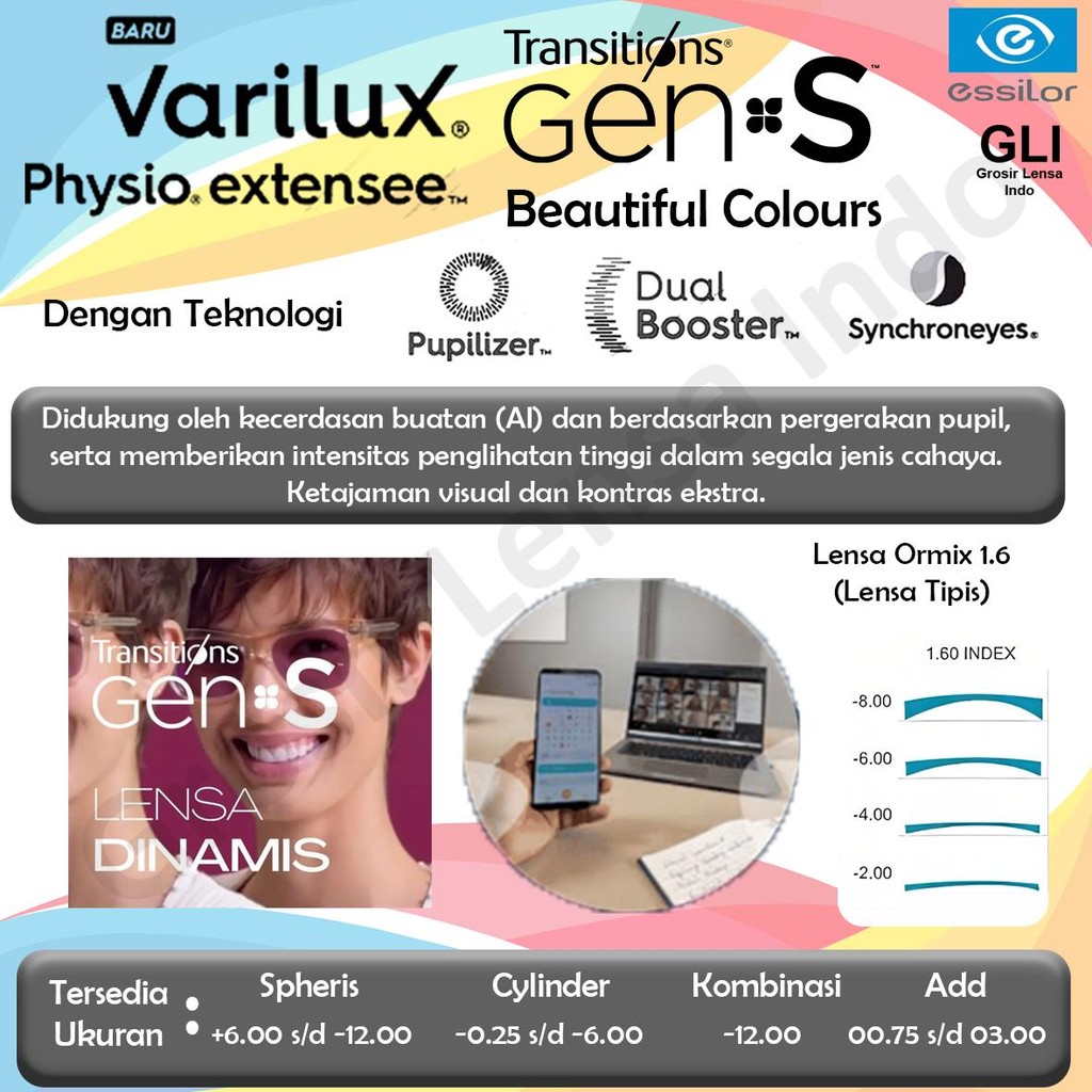 LENSA ESSILOR VARILUX PHYSIO EXTENSEE ORMIX 1.6 BEAUTIFUL COLOURS CRIZAL SAPPHIRE