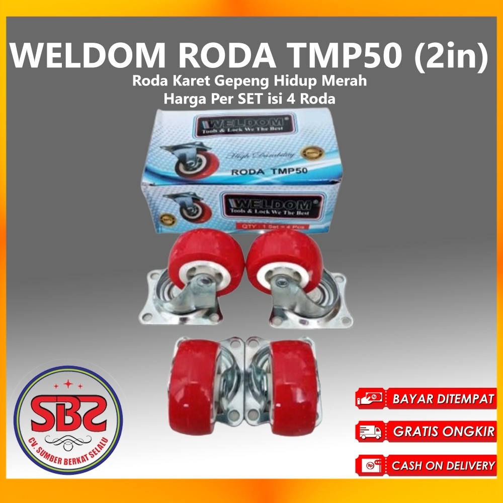 WELDOM Roda Karet Hidup Merah 2 inchi isi 4 pcs / Roda Karet Gepeng Hidup Merah Weldom (Roda Bundar 