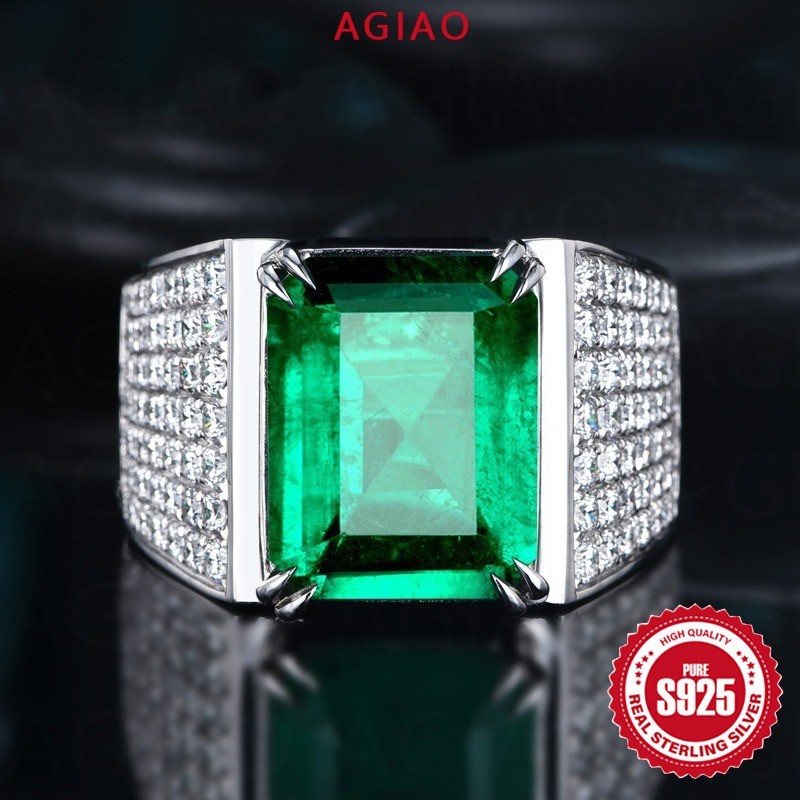 AGIAO Cincin Berlian Hijau Berlian Kotak Pria 18K Platina dengan Batu Permata Hijau