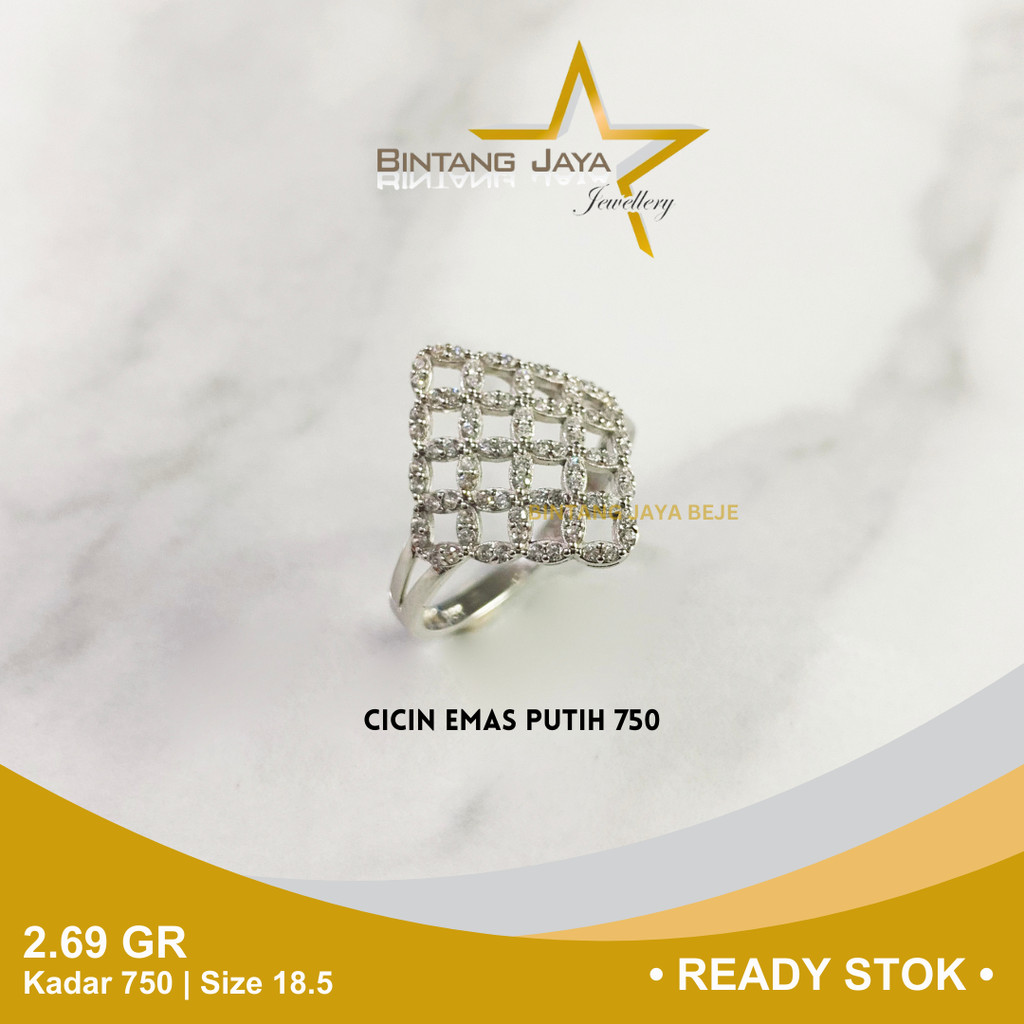 Cincin Emas Putih Whitegold Kadar 750 17K Berat 2.69 gr gram Size Ukuran 18.5 Model Segi Full Mata C
