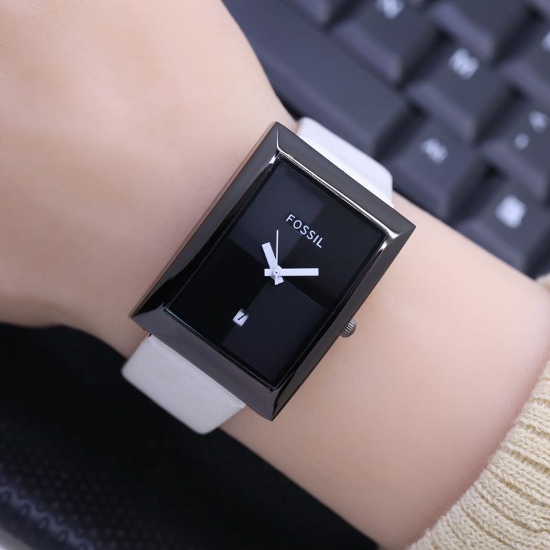 Jam Tangan Wanita Segi Murah Foss3001 Analog Tanggal Aktif Tali Kulit free boxx
