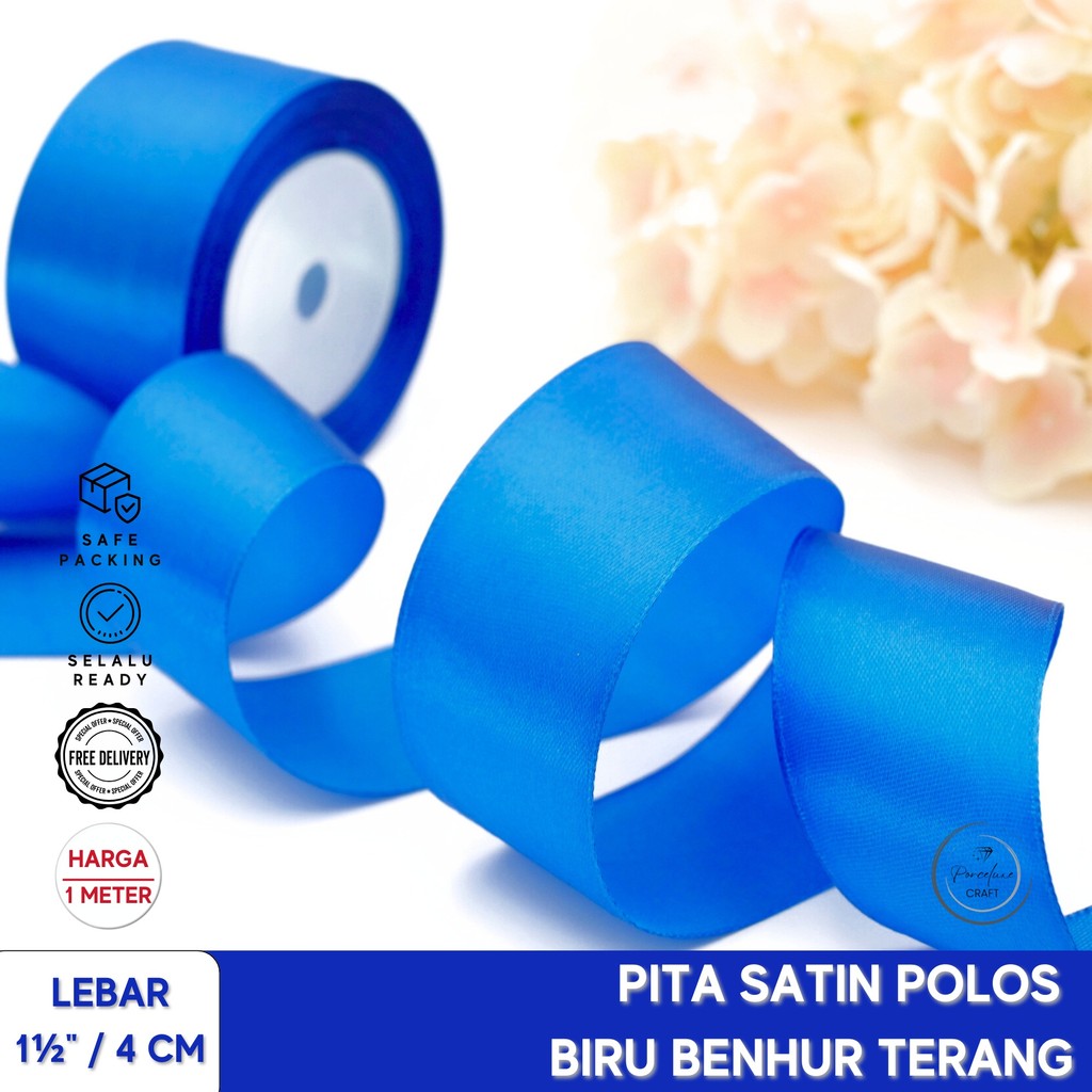

Pita Ribbon Satin Hiasan Dekorasi Kado Hampers Polos Biru2 4 cm / 1,5 inchi Harga per Meter