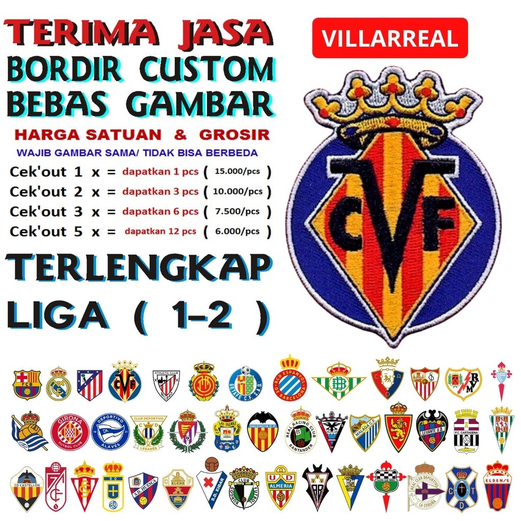 VILLARREAL PATCH BORDIR BET LOGO/EMBLEM KLUB BOLA LALIGA 1 & 2 SPANYOL