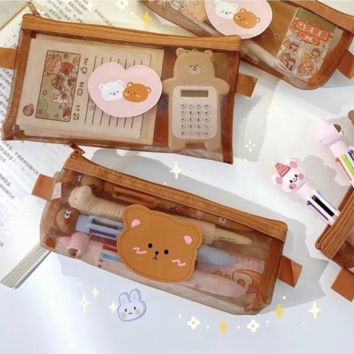 

BERUANG COKELAT Tempat Pensil Zipper Serbaguna Organizer Resleting Dompet Jaring Lucu