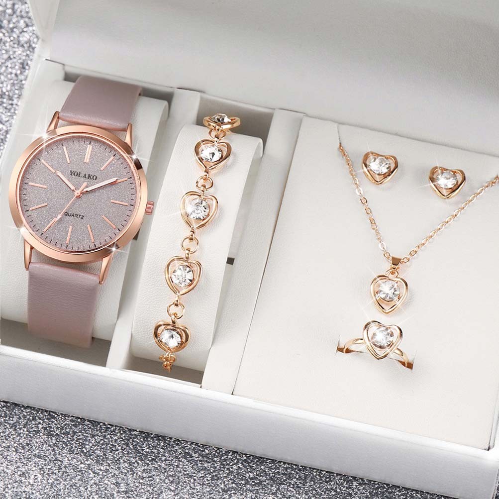 5PCS Jam Tangan Kuarsa Wanita Sederhana Mengkilap Dial Besar PU Tali Kulit Jam Tangan Perhiasan Grat