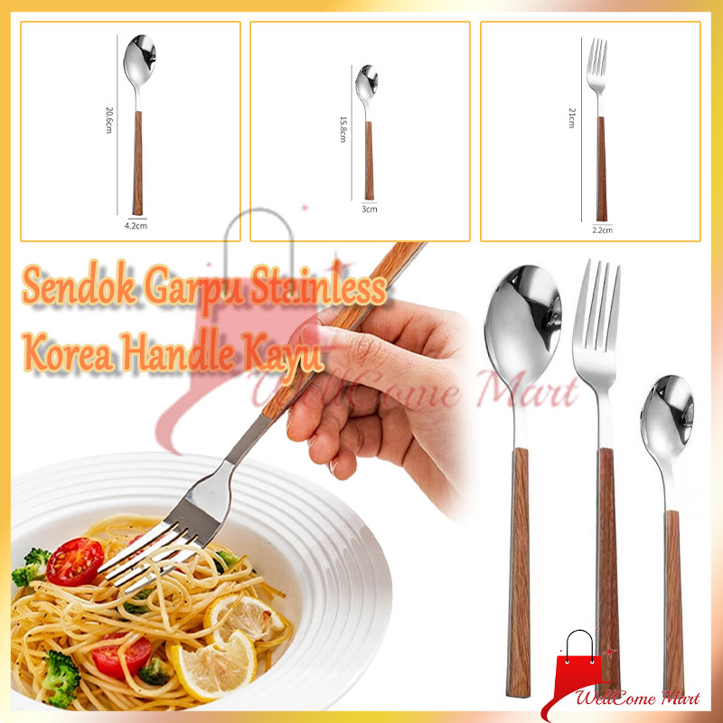 Korean Cutlery Set/Garpu Sendok Pisau Stainless Steel/Sendok Garpu Stainless Korea Handle Kayu/Sendo