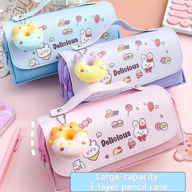 

3D Decompression Pencil Case 3 Layers Large Capacity Leather Pencil Box for Girls Pen Bag Pouch Kawaii Stationery School Supplie