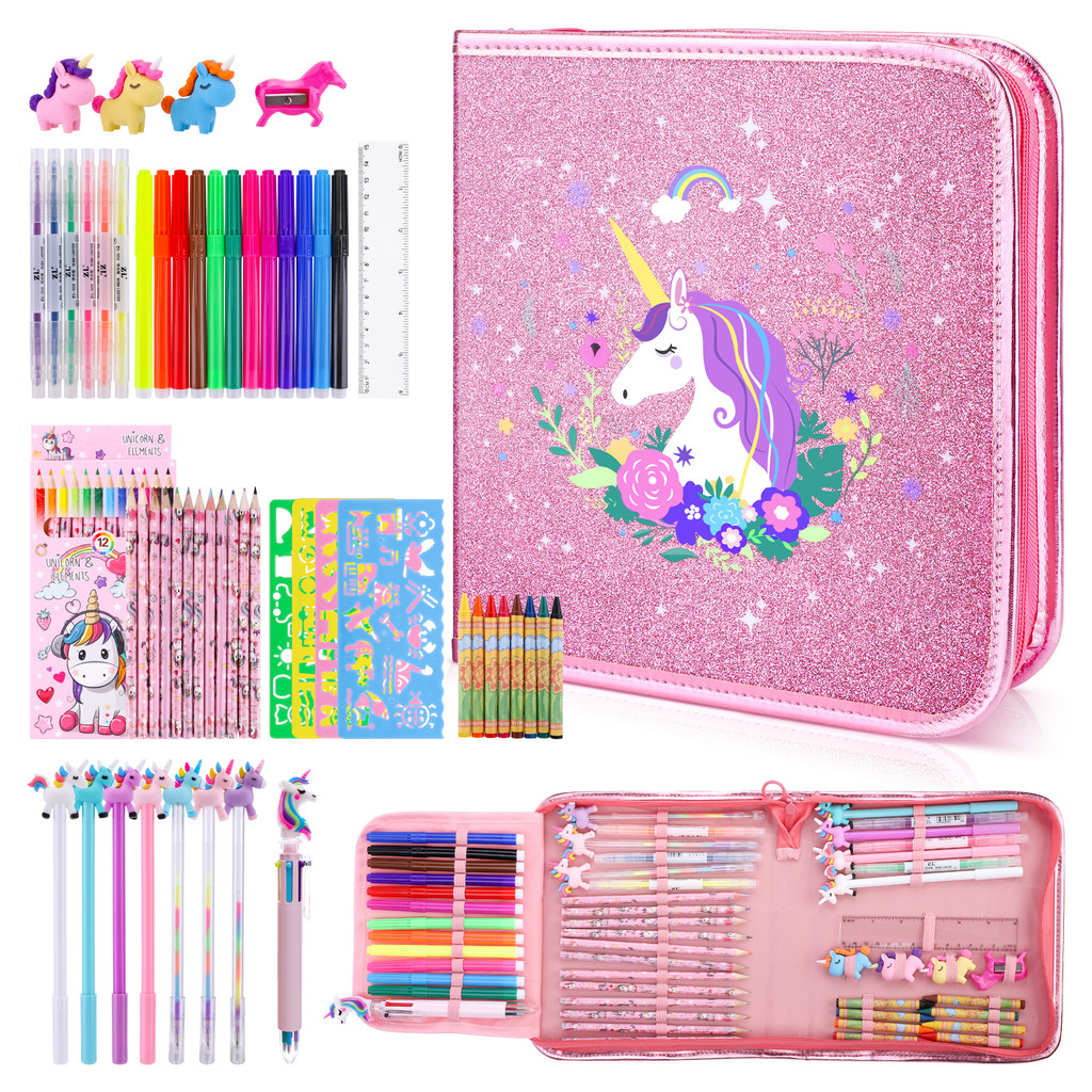 

56 Pcs Children Drawing Set Unciorn Colored Pencils Markers Crayons Painting Tool Art Supplies Pencil Case Stationery Kids Gift