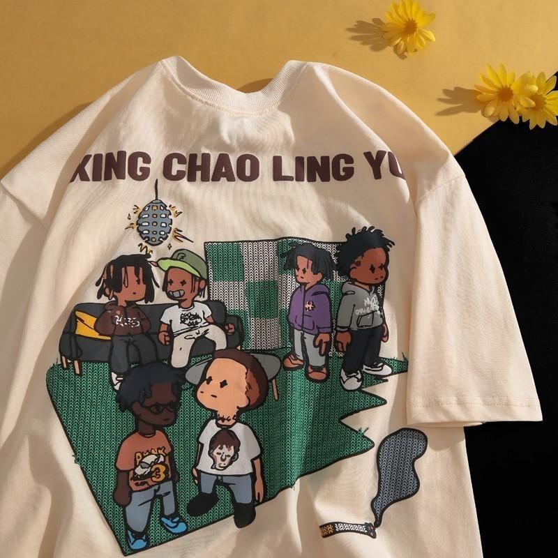 【VTH】220g Katun.Kemeja Pendek Lengan Pendek Streetwear Pria Hip-Hop Leher Bulat Lengan Setengah Long